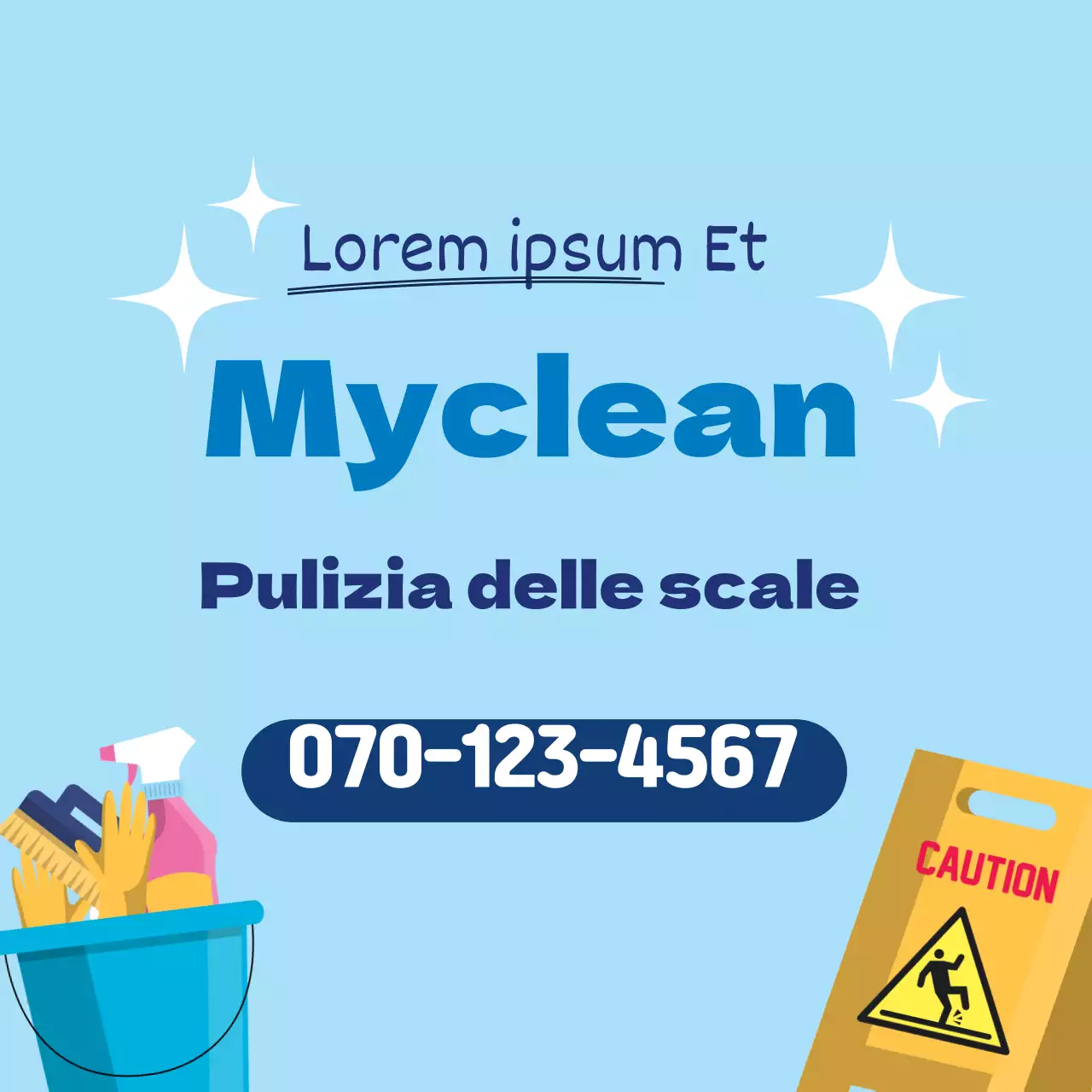 Illustrazione blu che promuove un servizio di pulizia ordinata