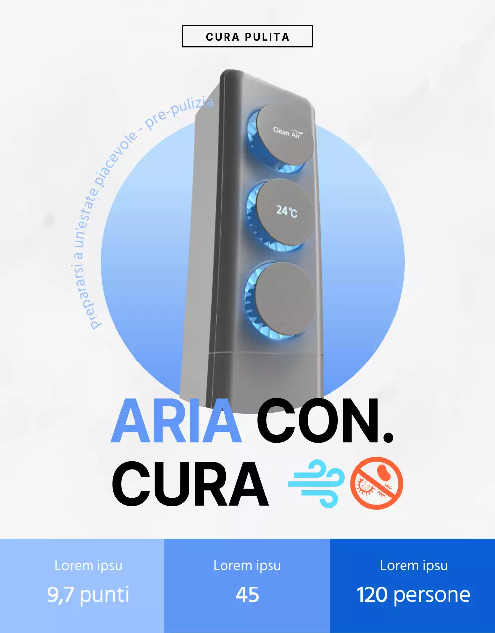 Aria condizionata pulita e fresca in bianco e blu