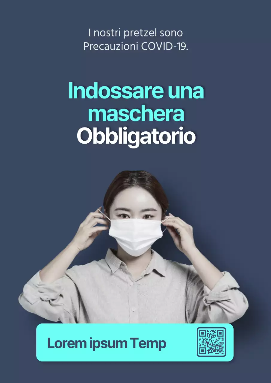 Un poster pulito con un modello femminile che indossa una maschera su uno sfondo blu navy.