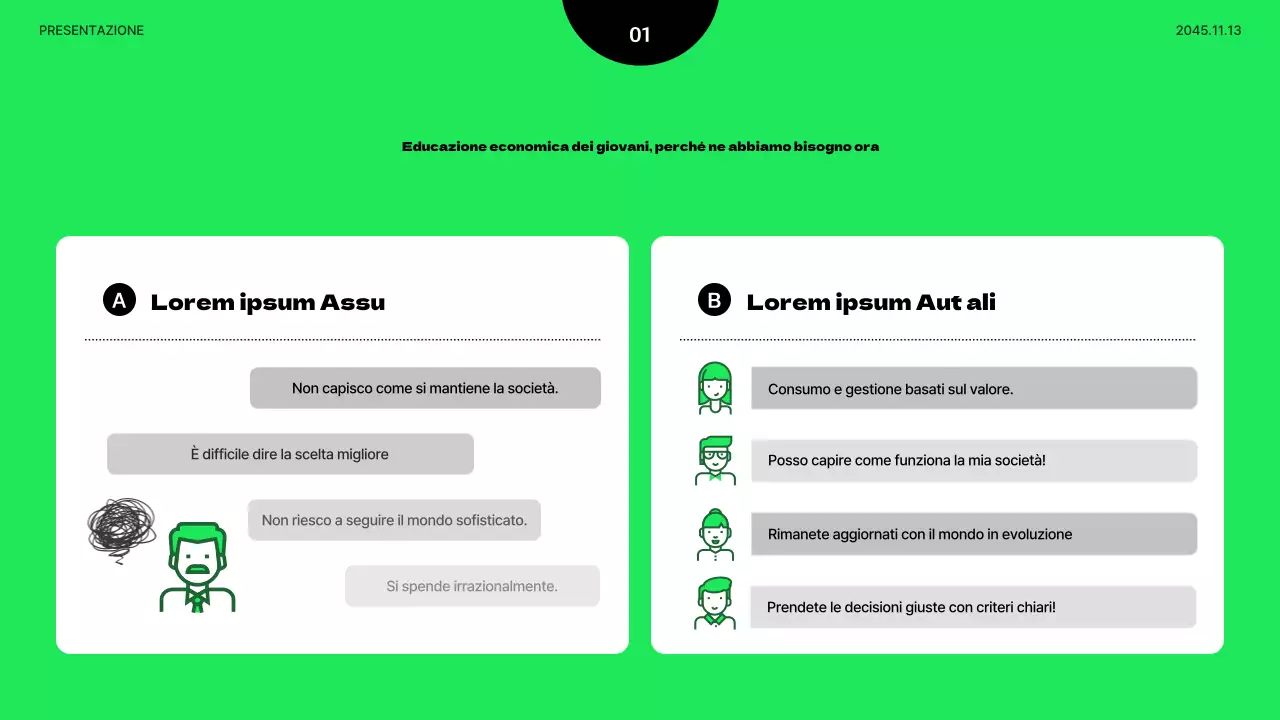 Presentazione minimalista di educazione economica giovanile in verde lime e nero