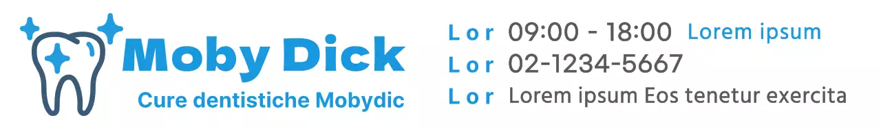 Progettate un materiale promozionale dentale con un logo dentale blu e i dettagli della clinica.