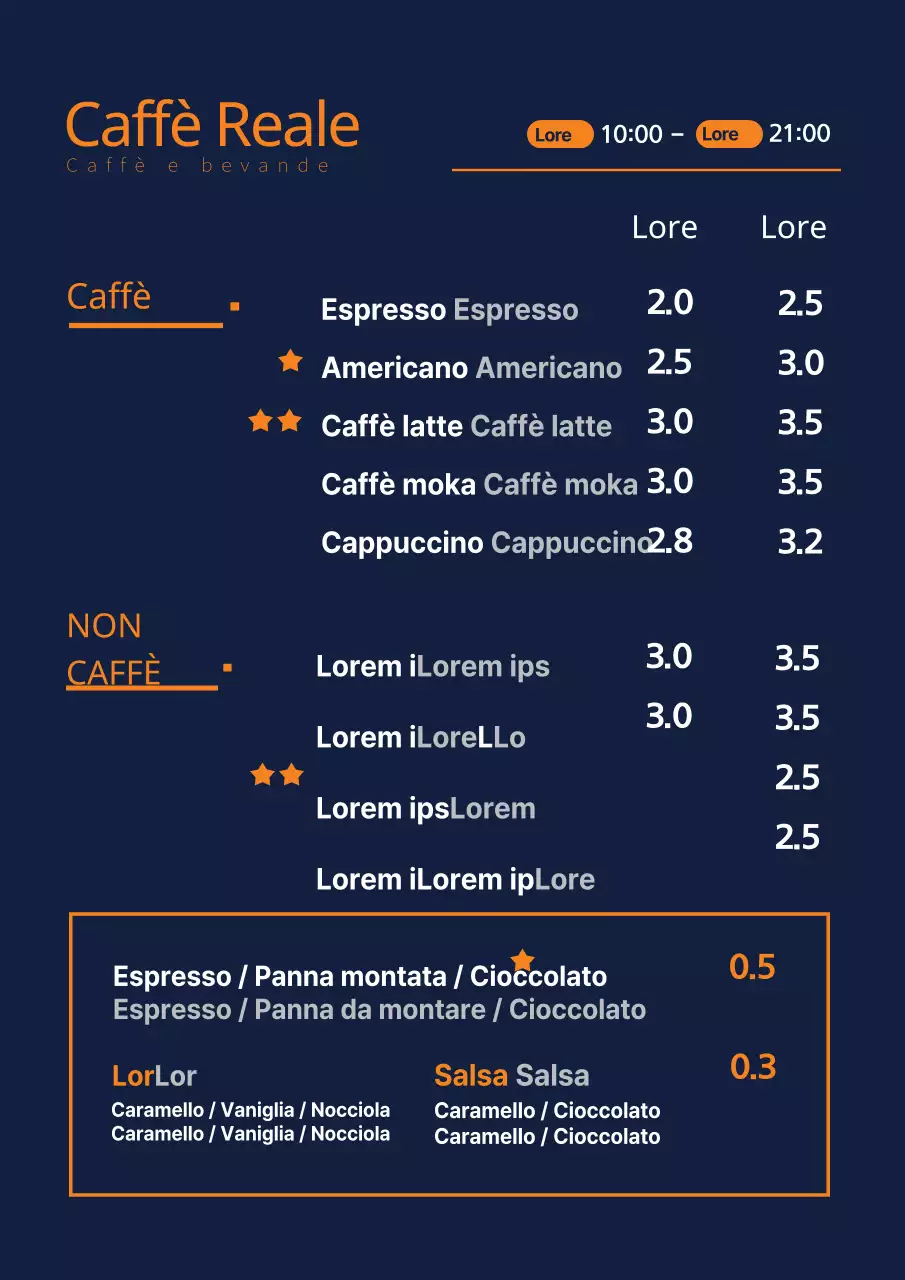 Tabellone del menu del caffè blu navy