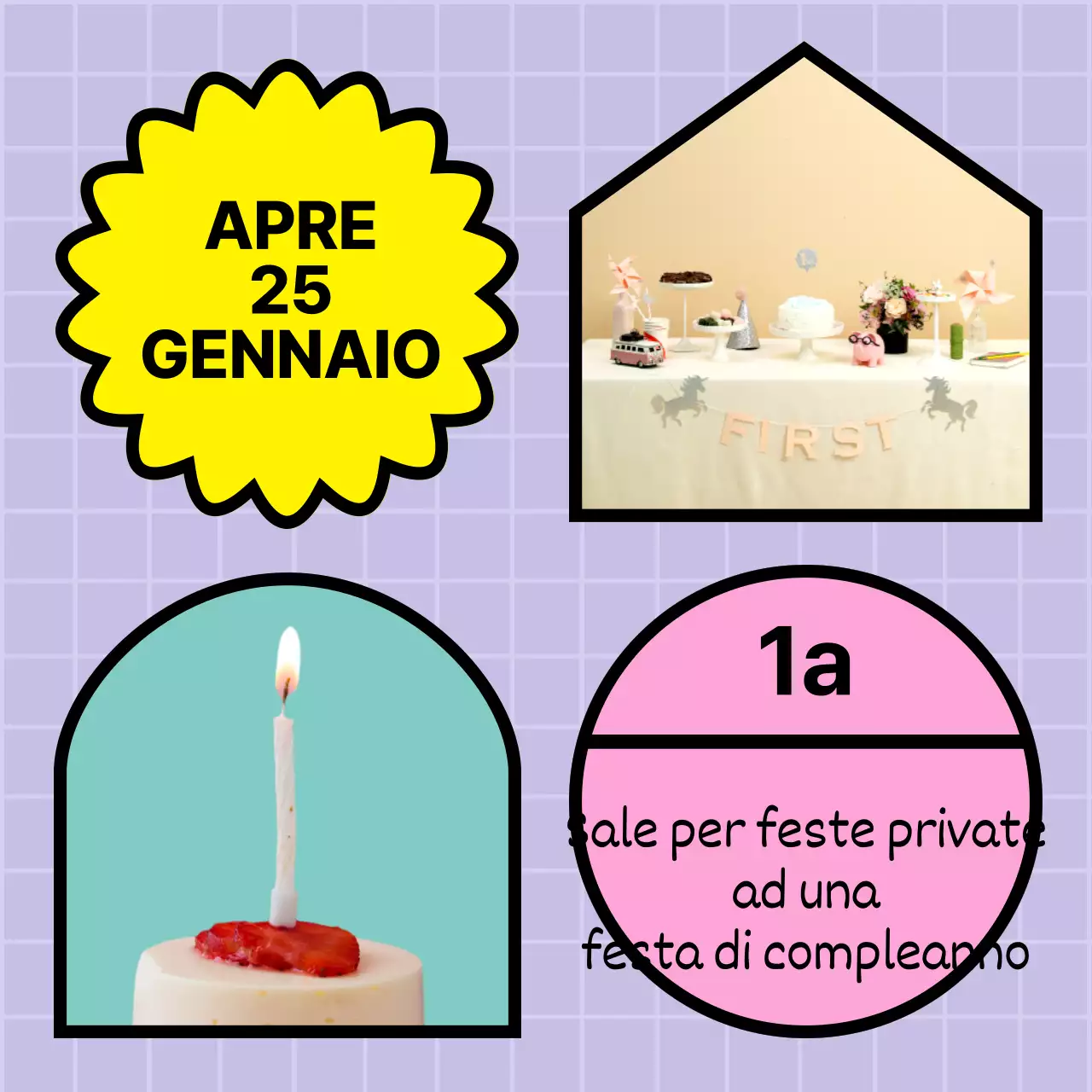 Una sala per feste private con una concezione pastello e geometrica per festeggiare un compleanno.