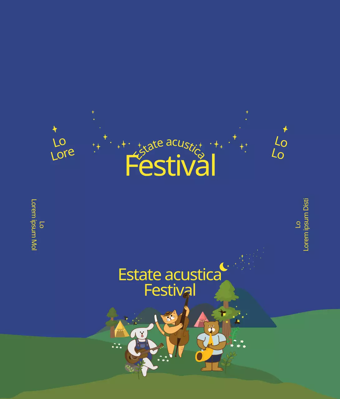 Simpatiche illustrazioni di animali nei colori del cielo notturno Summer Acoustic Festival Guida al festival