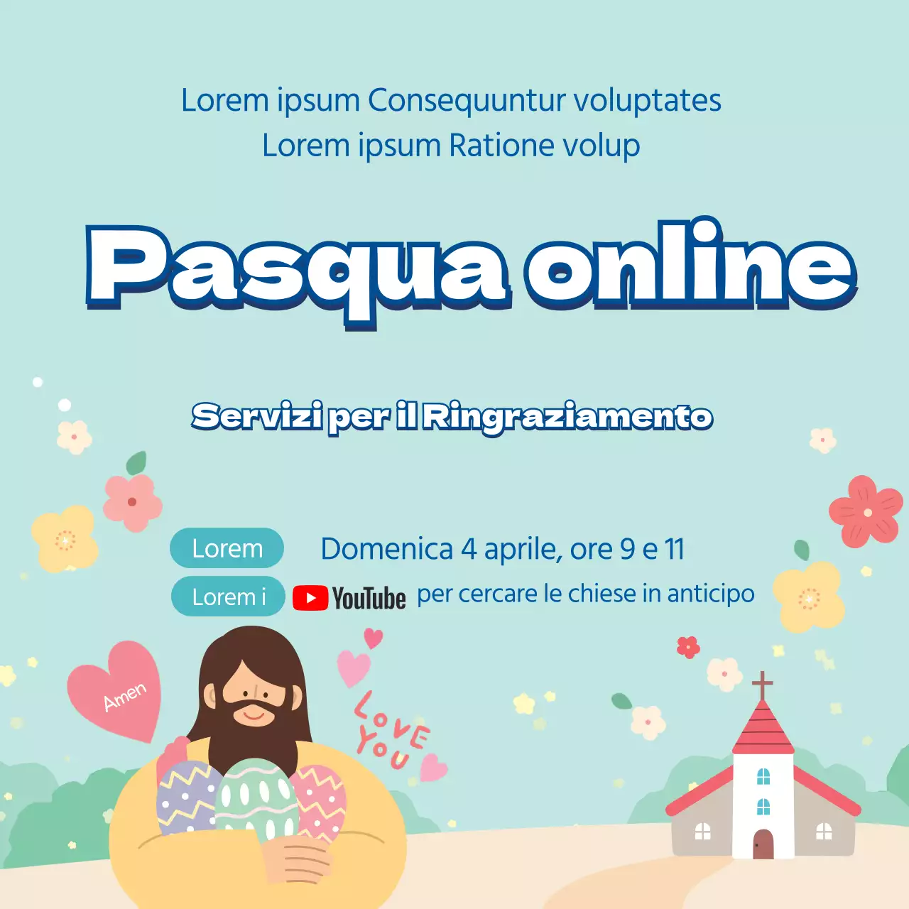 Illustrazione blu carino chiesa Pasqua annuncio servizio online