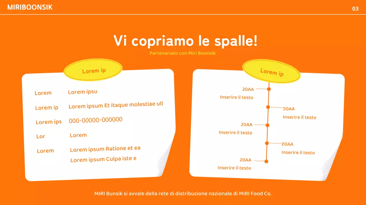 Profilo dell'azienda di catering con accenti di colore arancione e giallo e layout delle foto