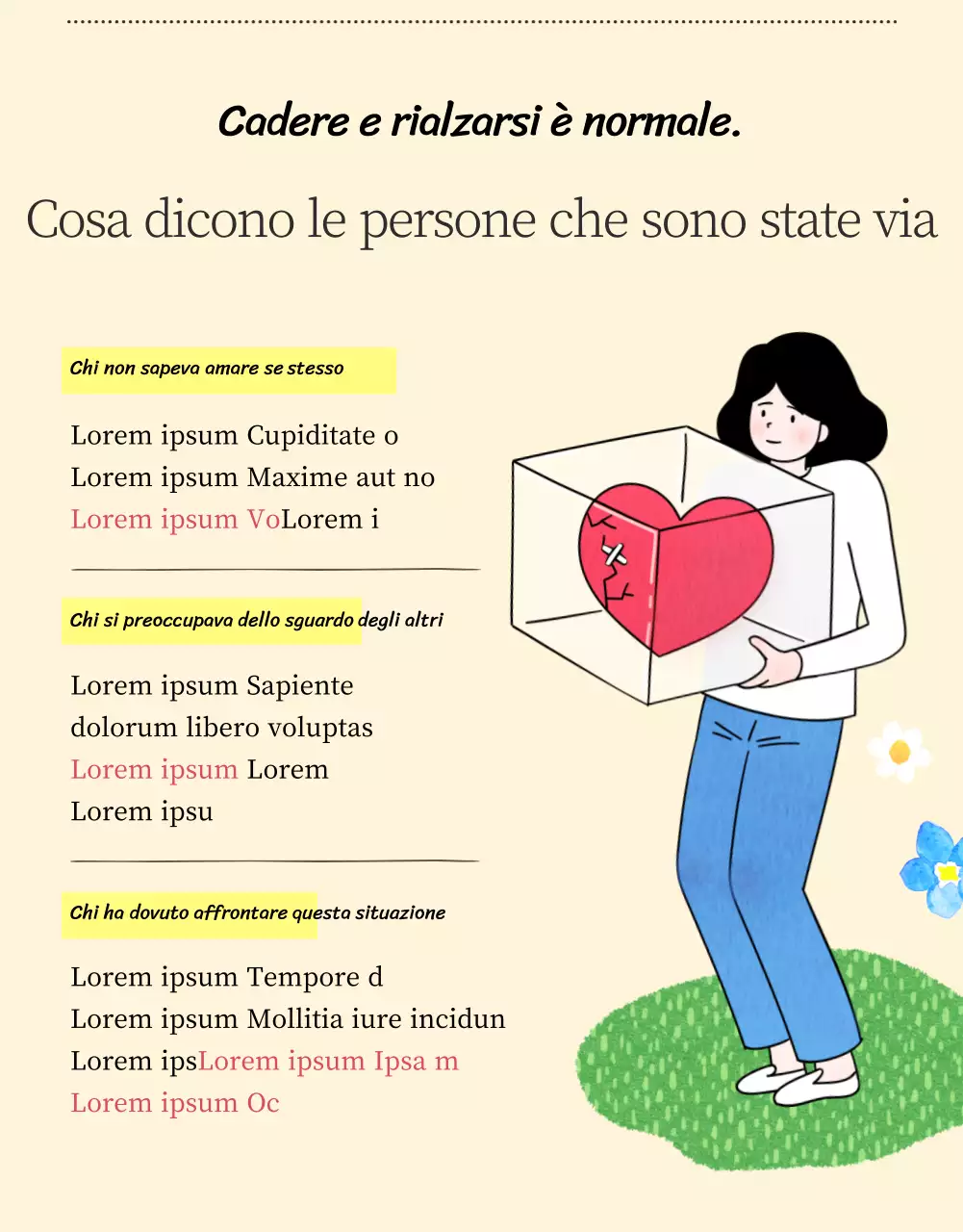 Un centro di consulenza psicologica per giovani con illustrazioni calde e accoglienti in beige e colori primari.