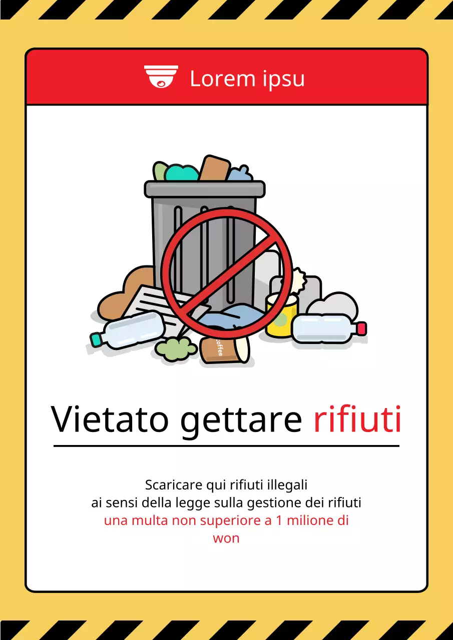 Un simpatico e pulito avviso di divieto di abbandono di rifiuti in giallo e nero