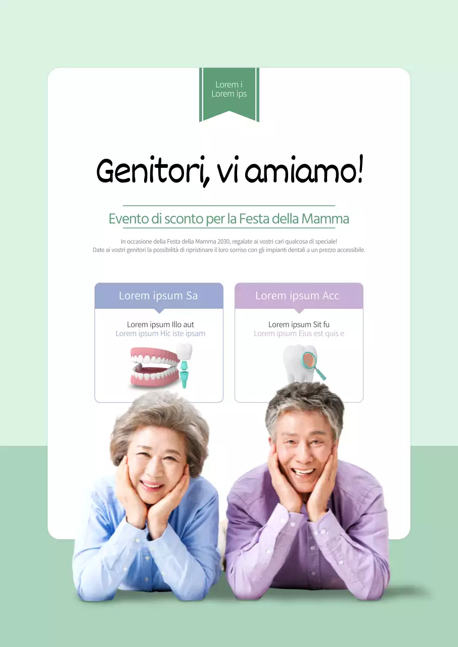 Vendita di impianti dentali di un dentista con una foto color menta di una coppia di anziani felici