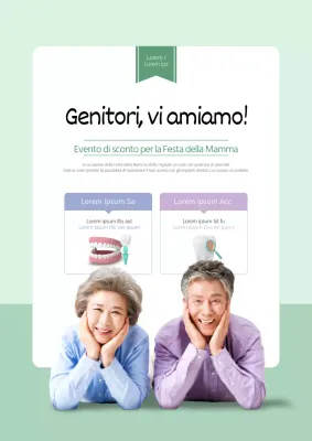 Vendita di impianti dentali di un dentista con una foto color menta di una coppia di anziani felici