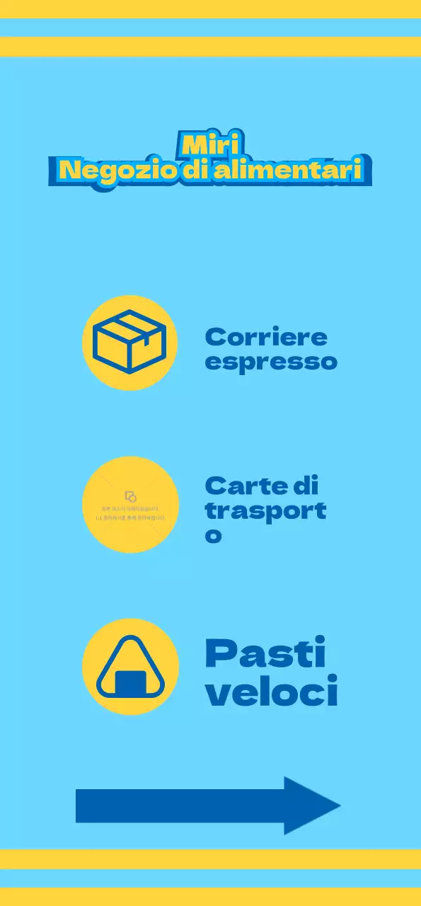 Negozio di alimentari con icone blu e gialle che promuovono vari servizi