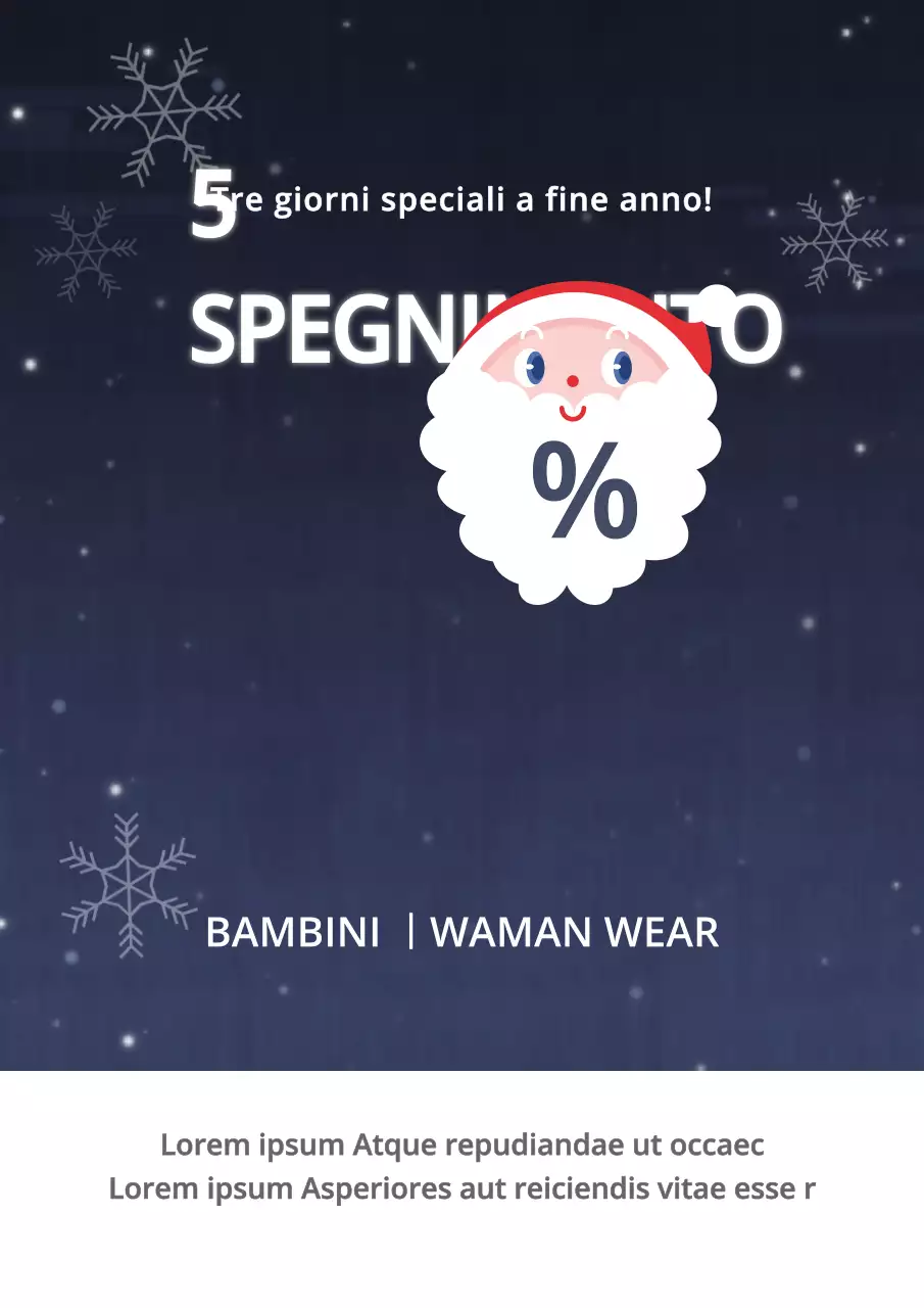 Volantino promozionale natalizio di fine anno in blu navy e bianco