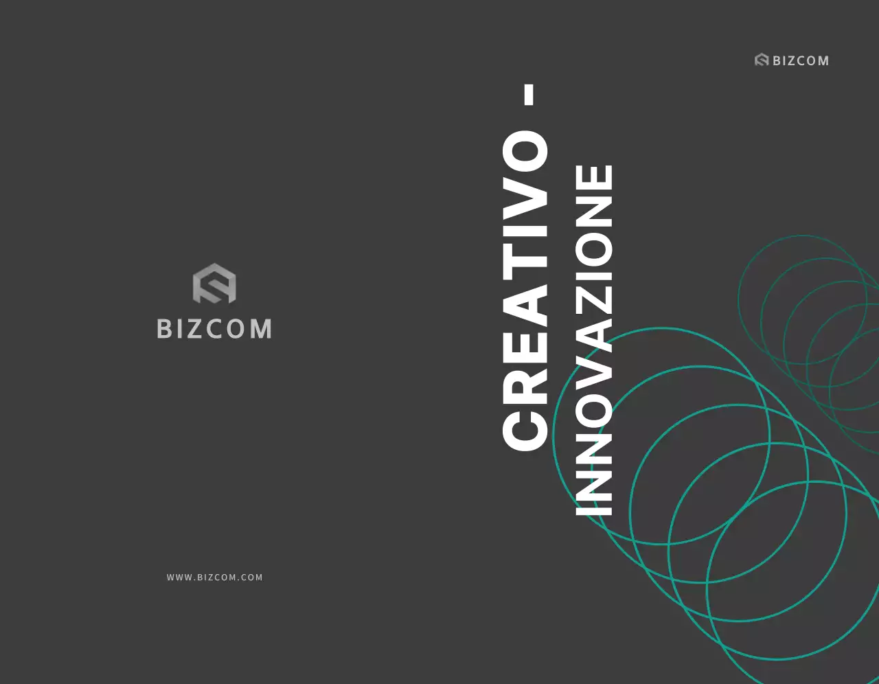 Semplice promo aziendale bizcom con testo e illustrazioni in nero e grigio