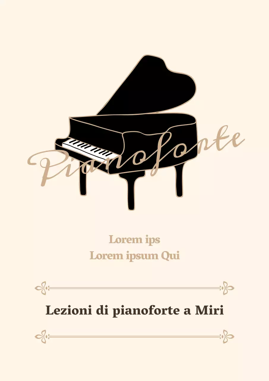Logo promozionale della scuola di pianoforte in stile corsivo emozionale nei colori giallo chiaro e marrone.