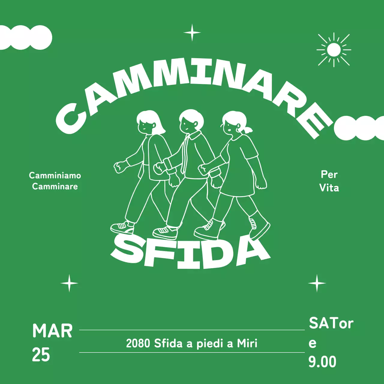 Annuncio della camminata di primavera verde e bianca piazza dell'evento