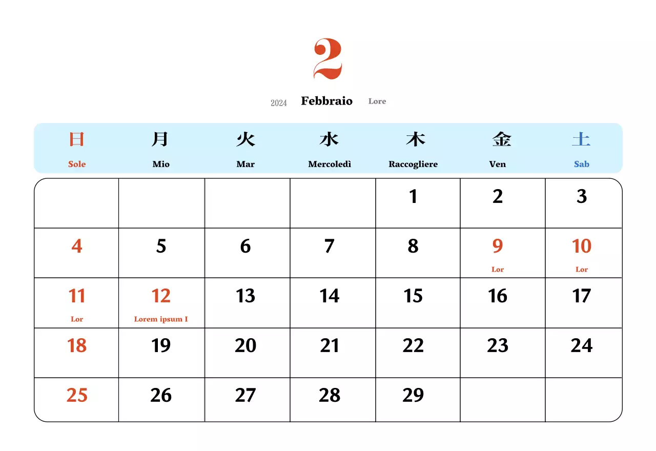 Calendario nostalgico di concezione retrò in rosso e blu