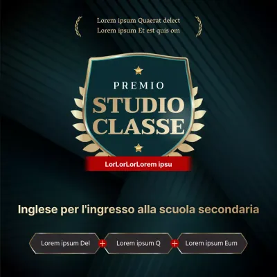 Turchese scuro e oro con un concetto di etichetta di lusso per un esame di ammissione alla scuola di lingua inglese