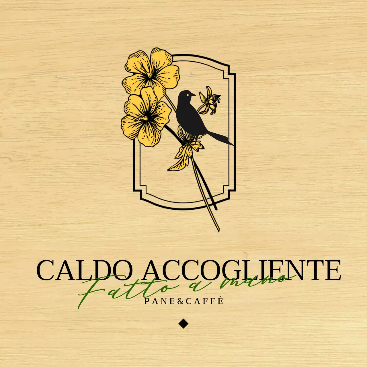 Design emozionale di un caffè-panetteria con illustrazioni di fiori e uccelli in nero e giallo