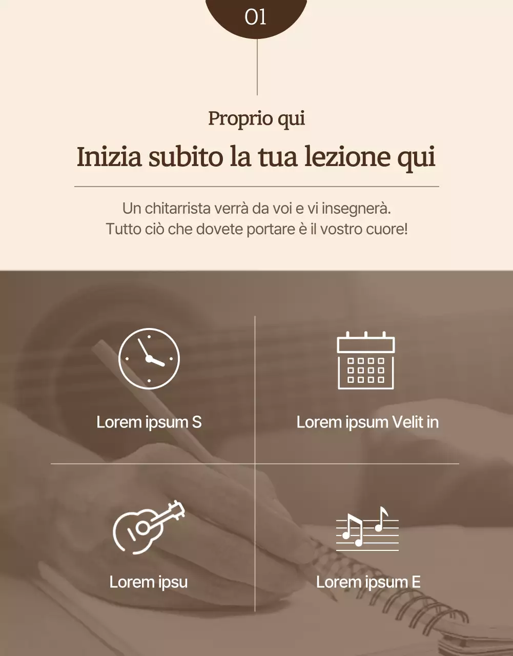 Imparare a suonare lezioni di chitarra intere, morbide ed emozionali