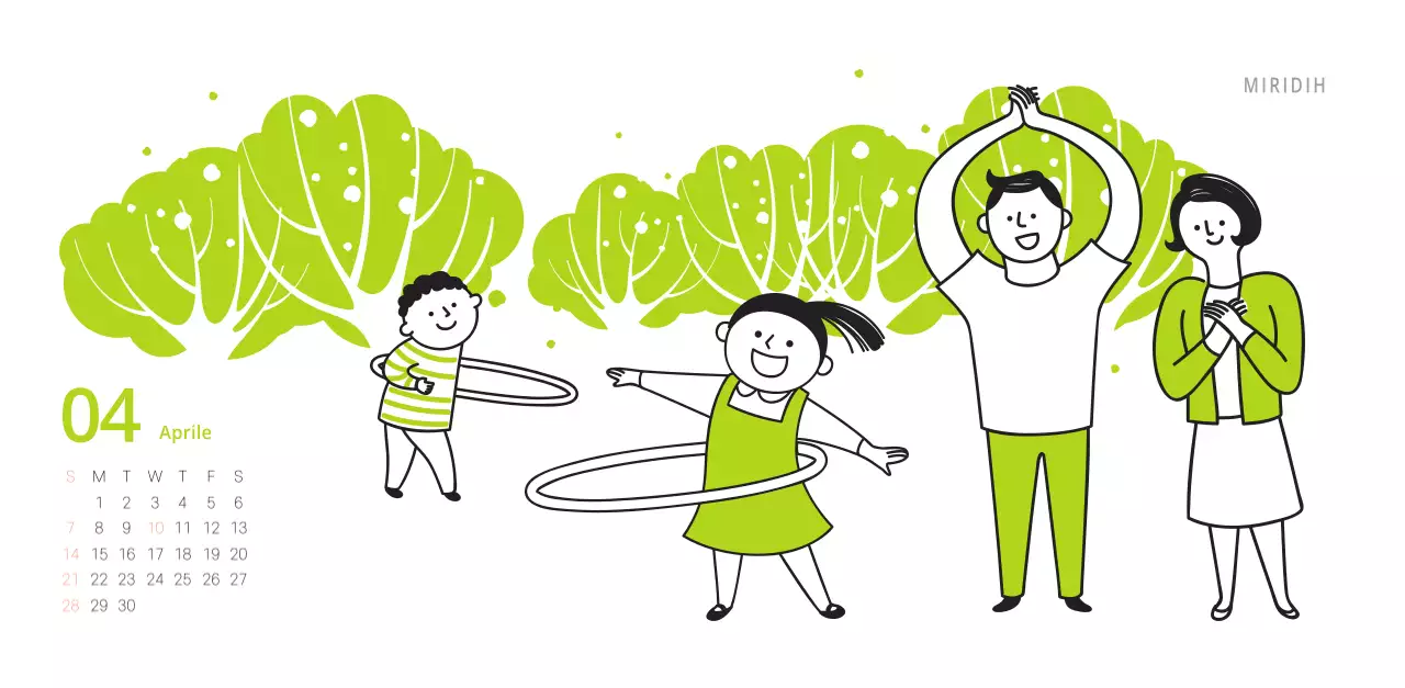 Simpatico calendario da tavolo illustrato verde a tema famiglia