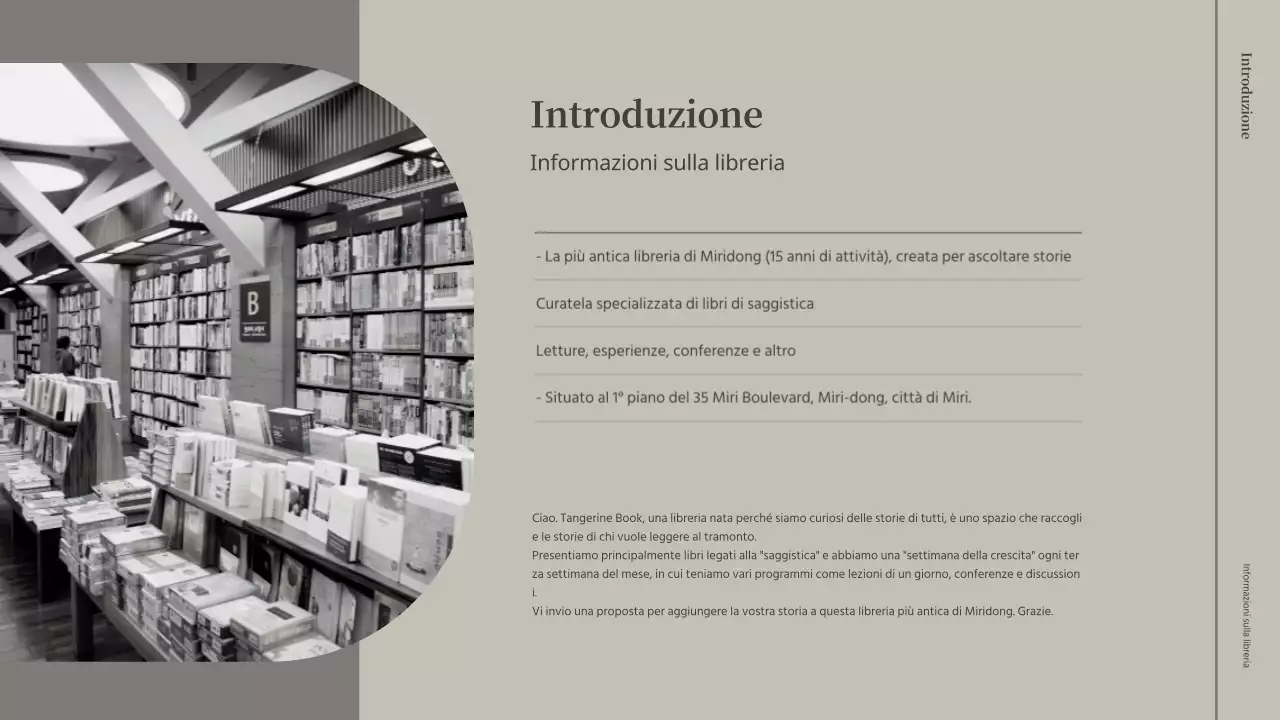 Proposta di una conferenza per gli ospiti in una libreria beige e grigia