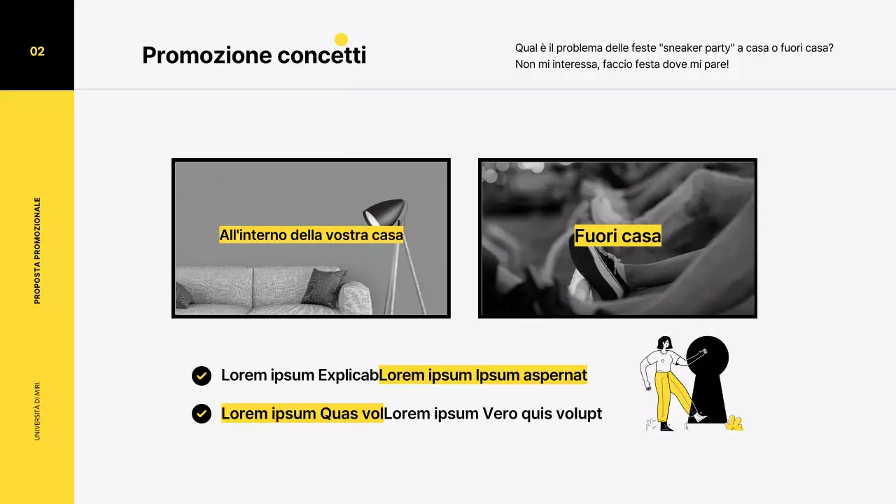 Piano di promozione marketing per una scarpa da ginnastica con un concetto di illustrazione a colori vivaci nei toni del giallo e del nero.