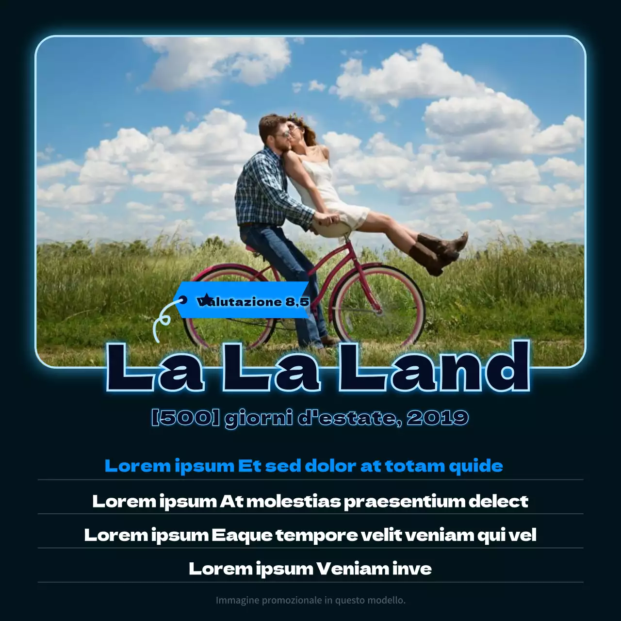 Raccomandazioni di film per appuntamenti a tarda notte con uno sfondo blu navy e insegne al neon