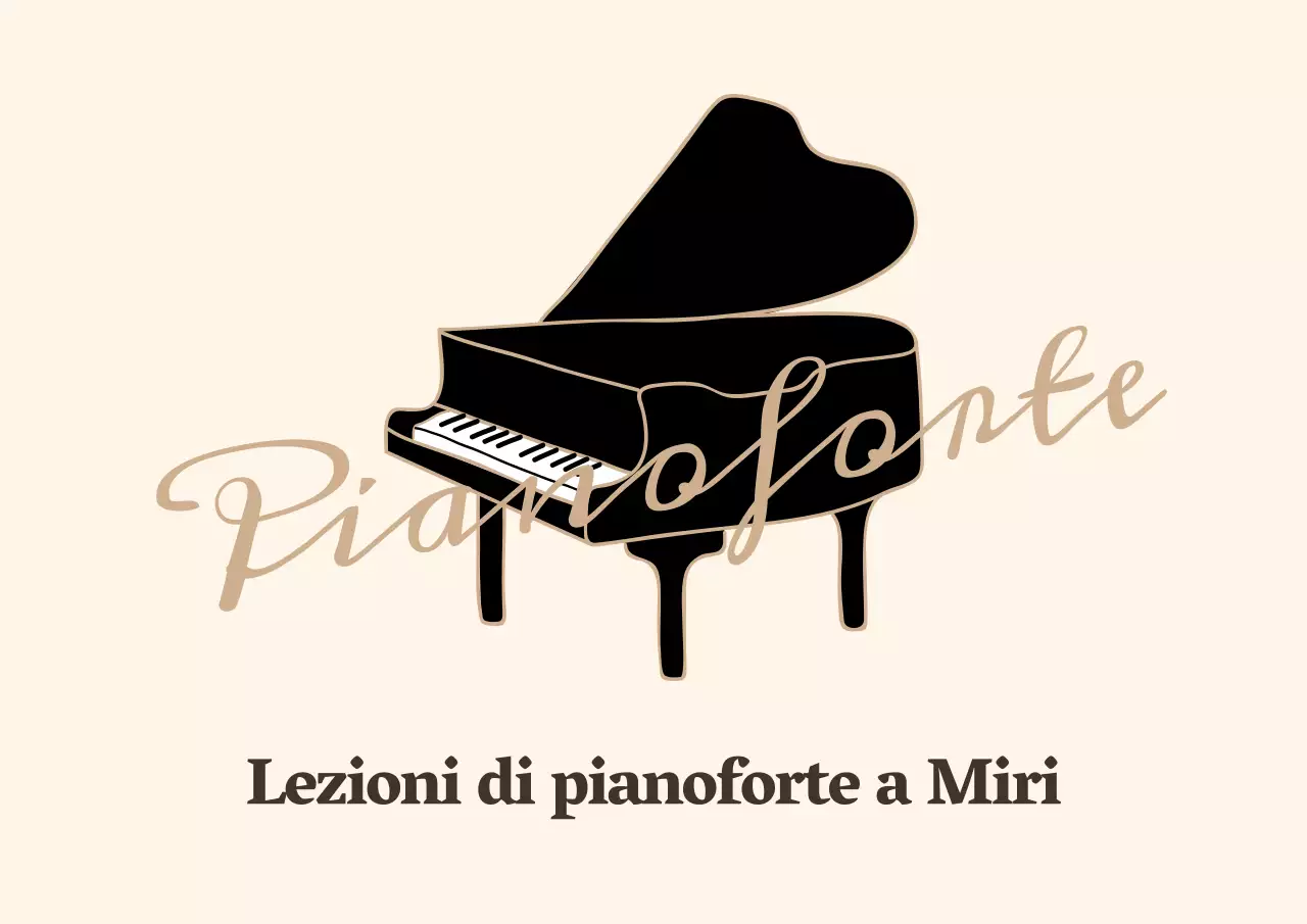 Logo promozionale della scuola di pianoforte in stile corsivo emozionale nei colori giallo chiaro e marrone.