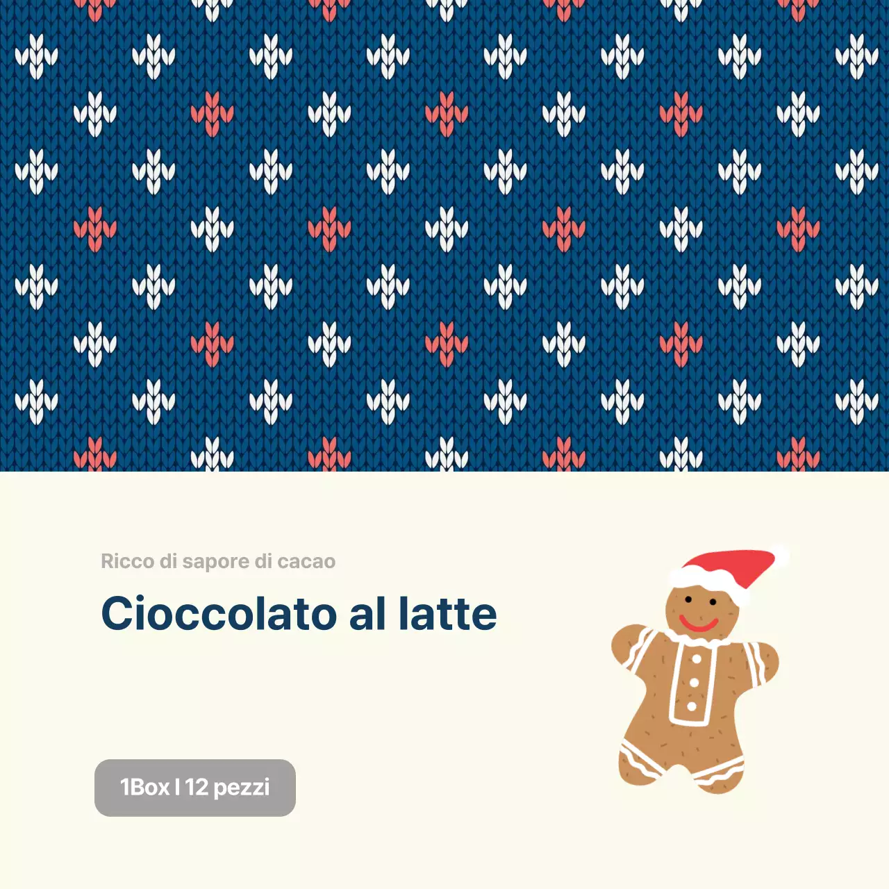 Etichetta per la confezione di cioccolato di Natale con motivo a maglia blu avorio