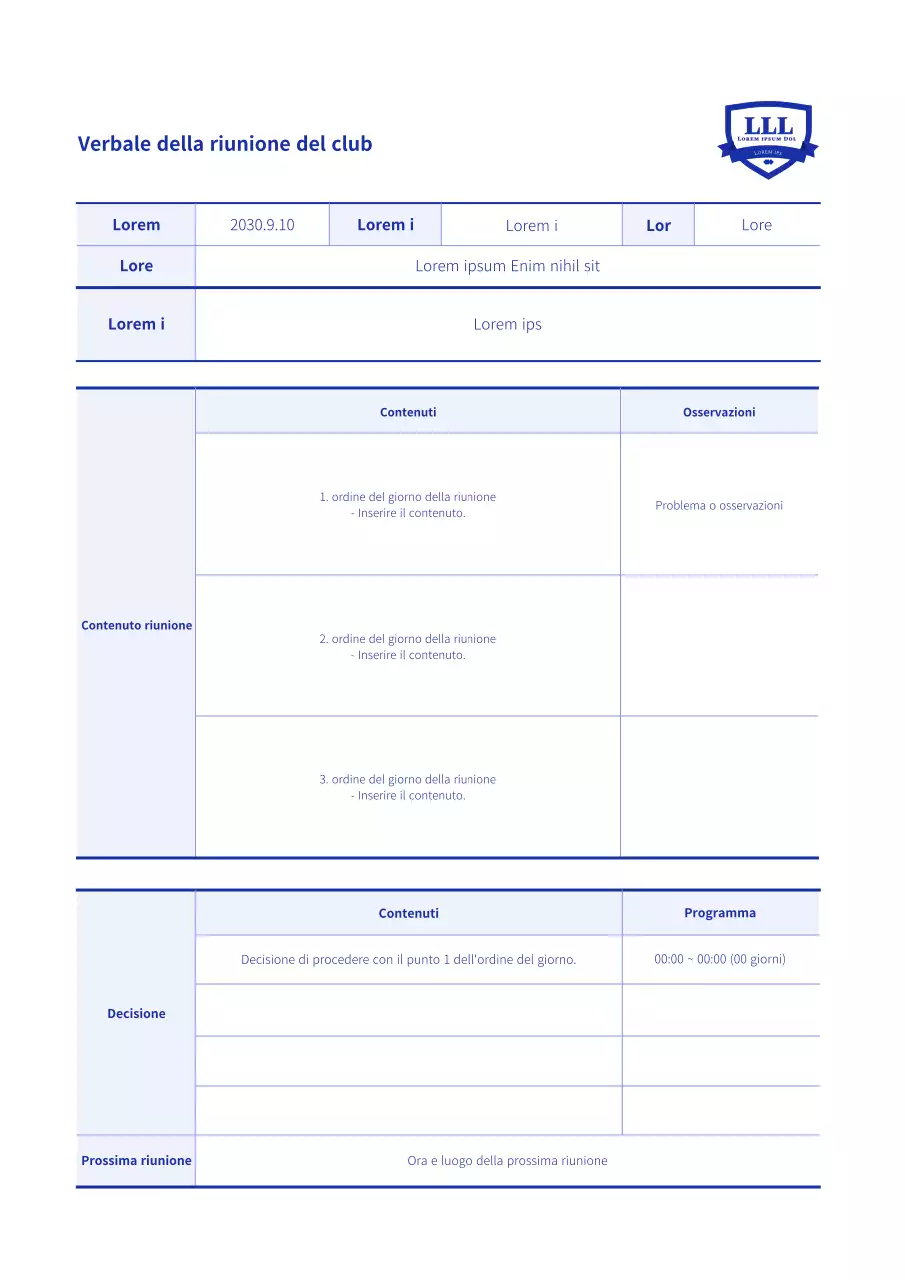 Materiale di base per le riunioni di club in bianco e blu