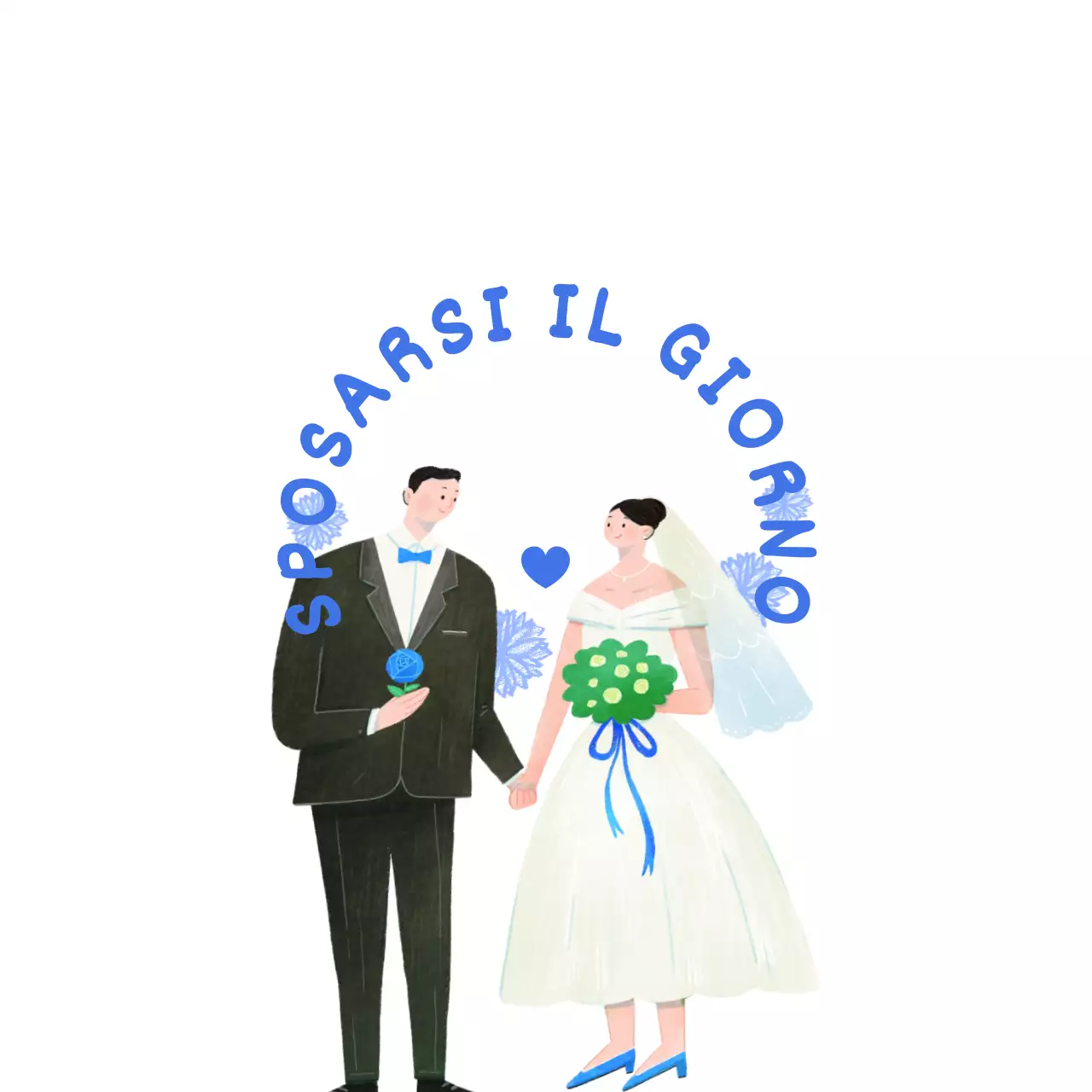 Concetto di matrimonio con illustrazioni di personaggi della sposa e dello sposo blu