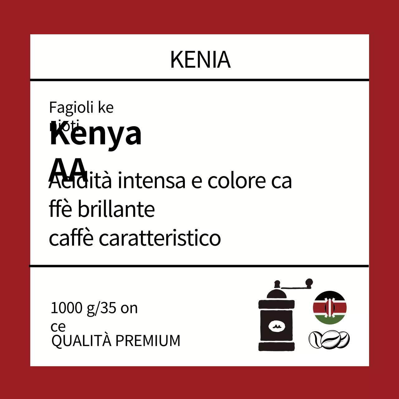 Etichetta in chicchi di caffè ordinata con illustrazione rossa