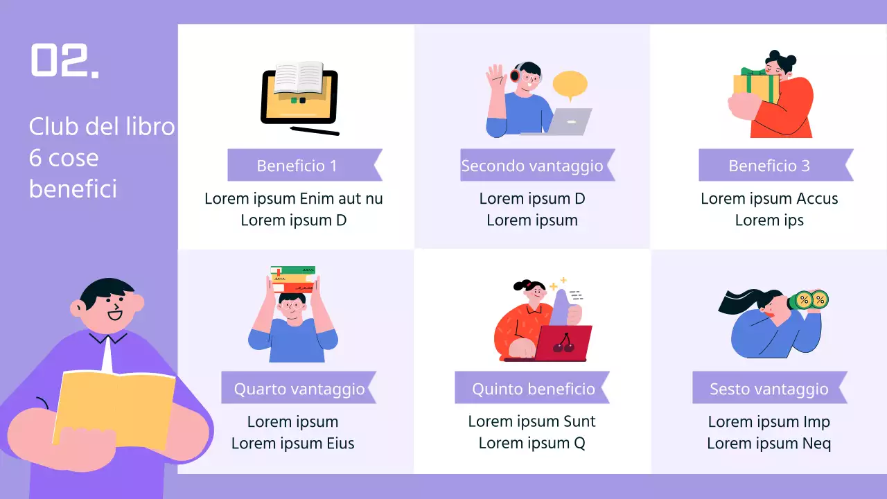 Un tema di libreria con illustrazioni umane su un semplice sfondo viola e blu.