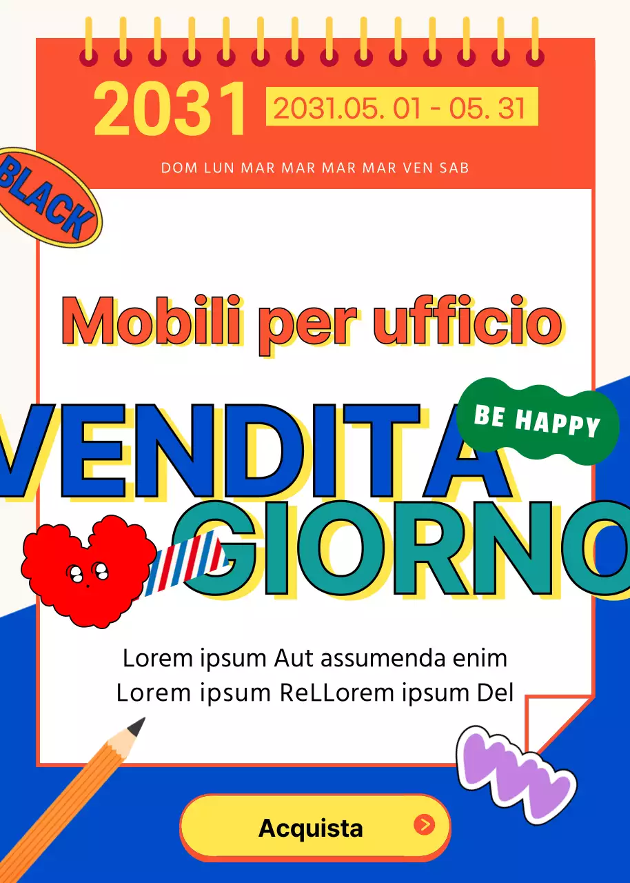Vendita di forniture per ufficio colorate in arancione e blu per la Festa del Lavoro