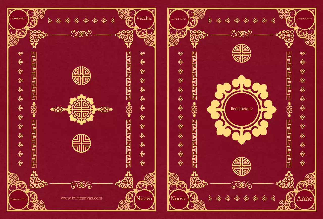 Biglietto d'auguri con motivo tradizionale coreano rosso e giallo