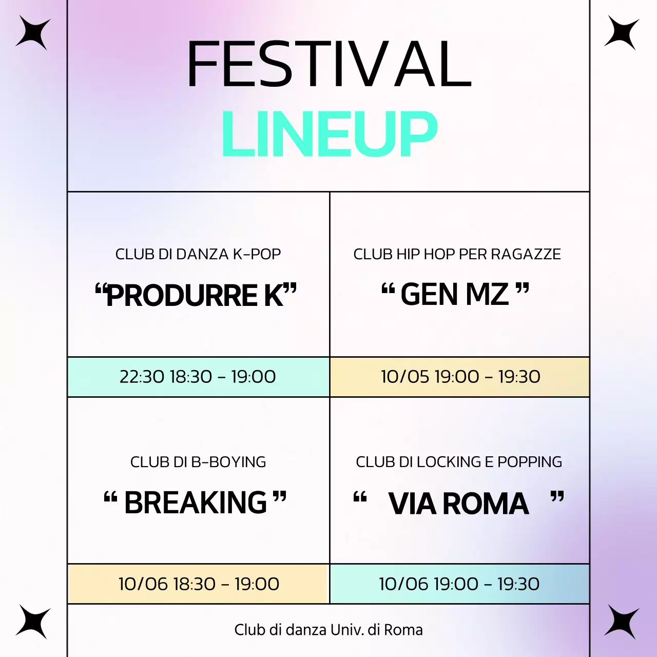 Annuncio della line-up per il pop menta e viola delle esibizioni nei club di danza