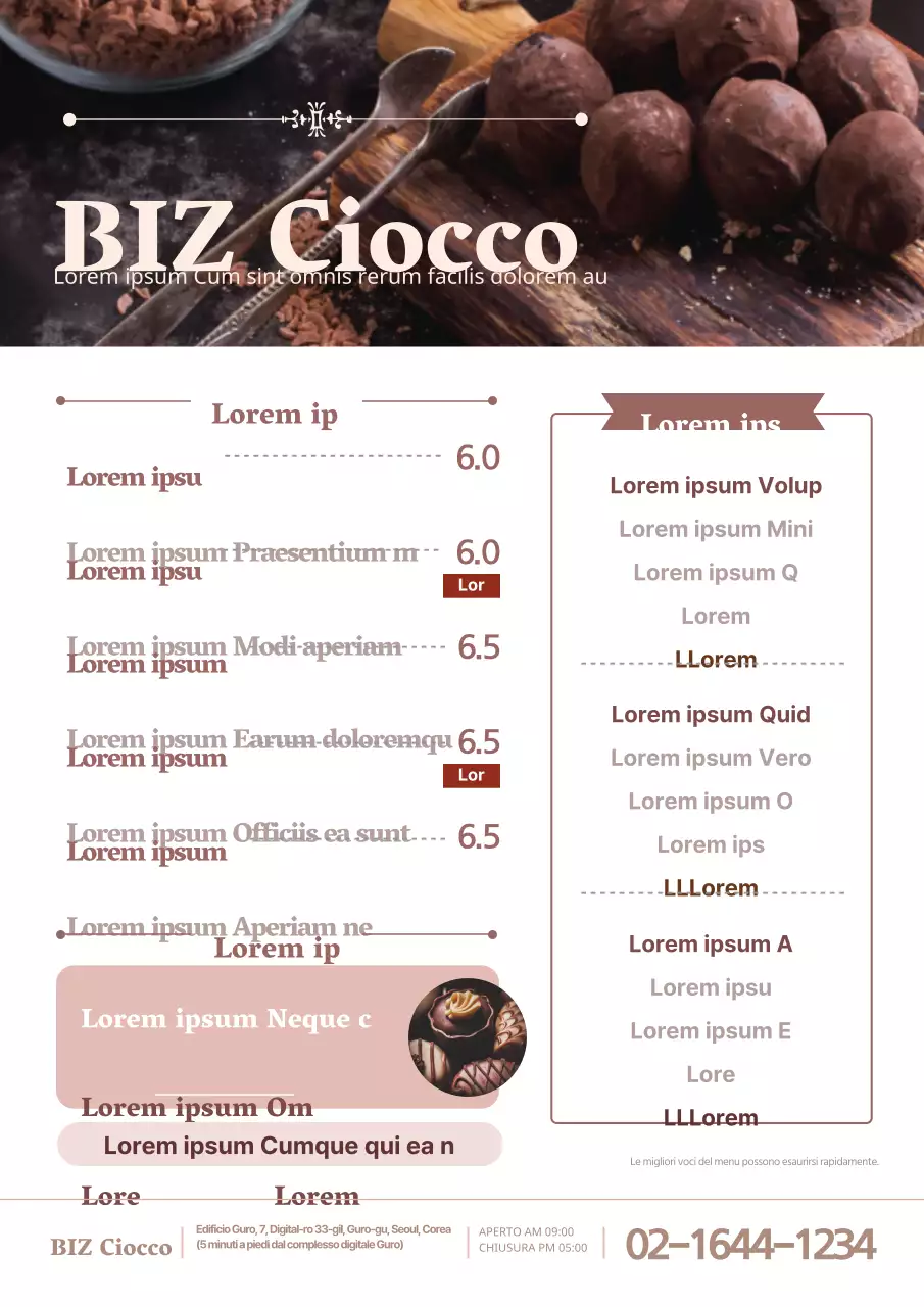 Menu del Choco cafe con un'immagine di cioccolato rosa