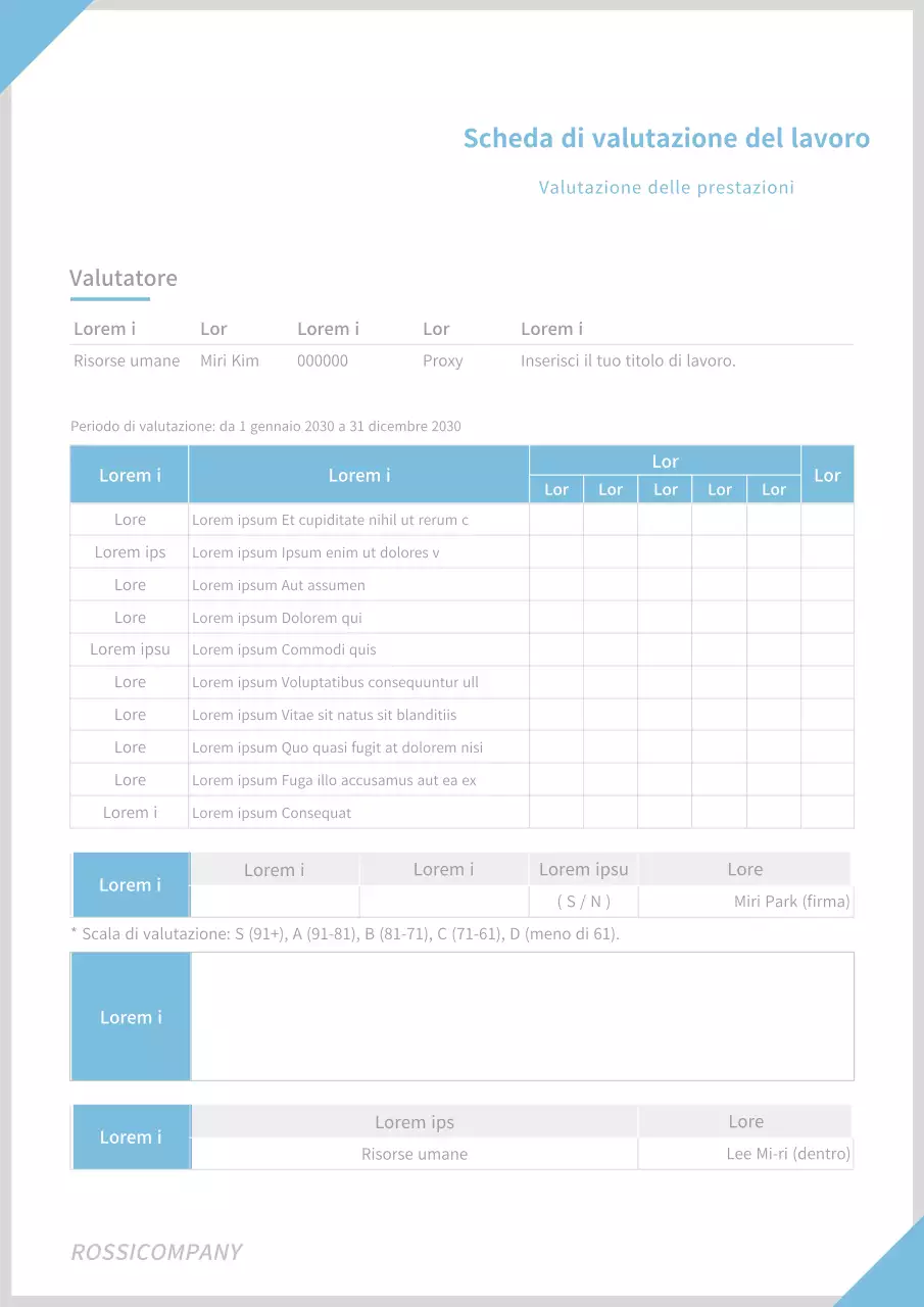 Modello di documento di valutazione delle prestazioni aziendale semplice di colore blu chiaro