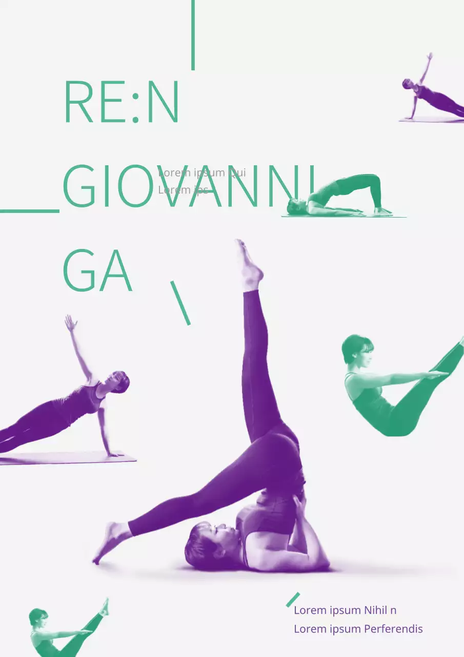 Volantino per eventi scontati della Simple Pilates Yoga School in verde e viola