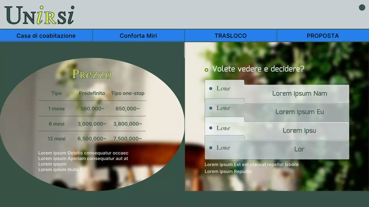 Proposta di casa co-living con foto e linee verdi attenuate