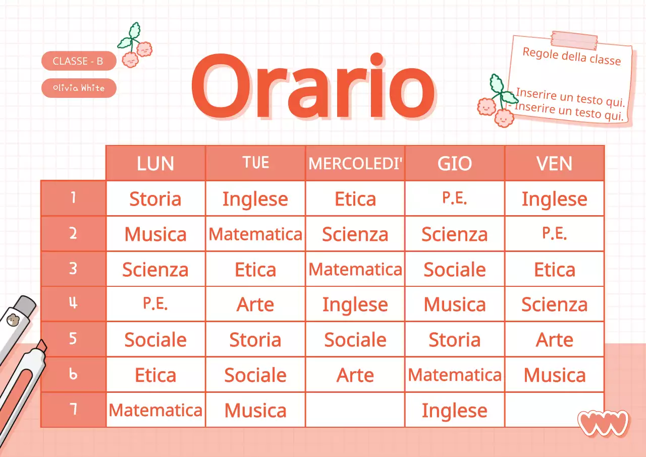 Orario scolastico con un simpatico concetto di diario