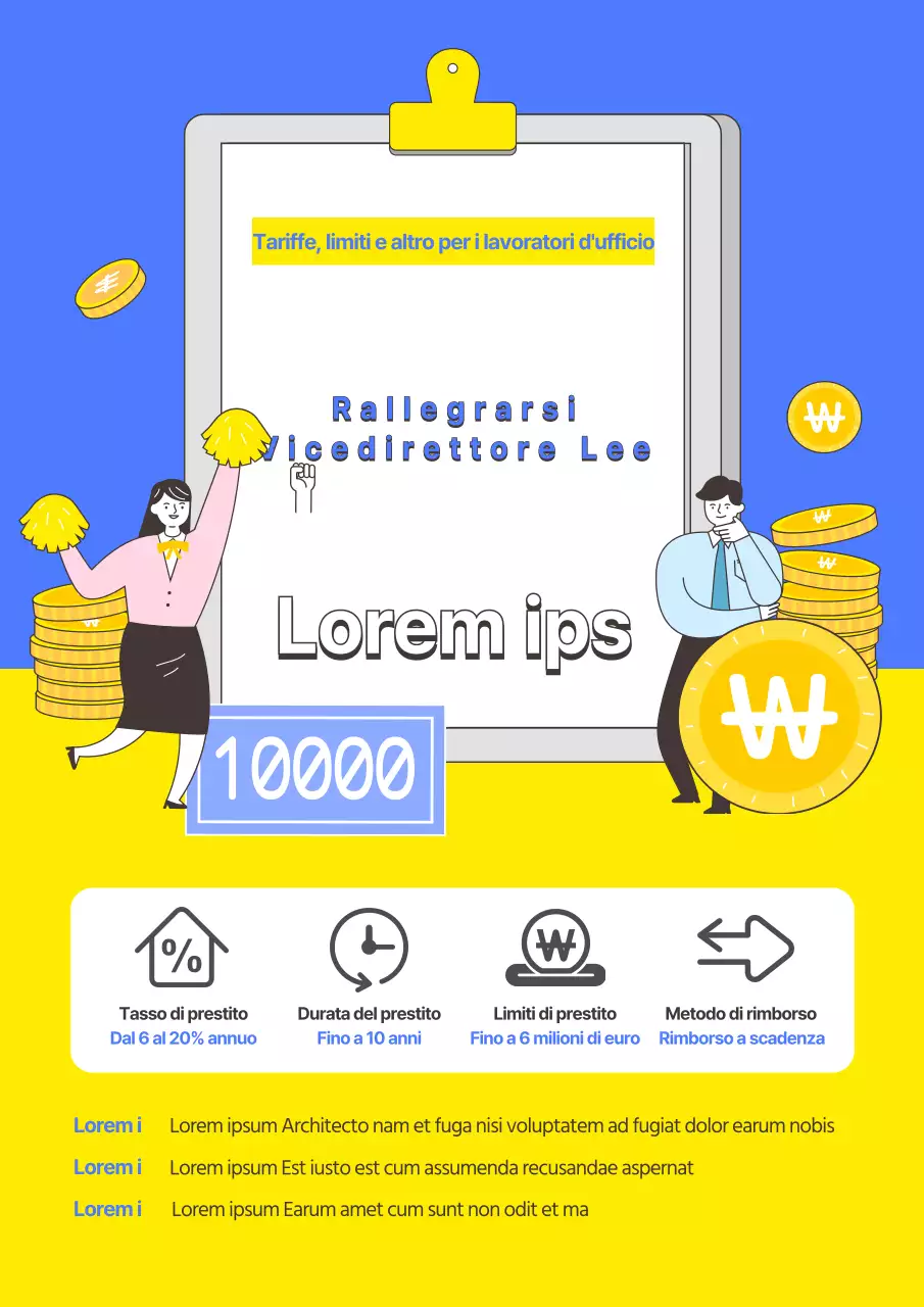 Simpatica pubblicità blu e gialla per i prestiti sul posto di lavoro