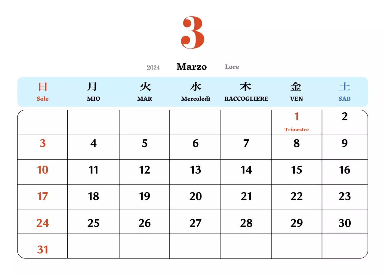 Calendario nostalgico di concezione retrò in rosso e blu