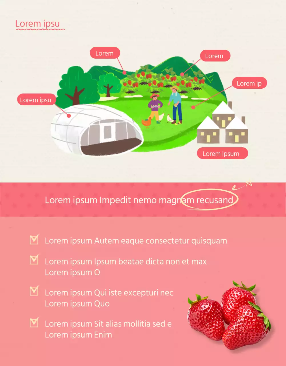 Dettagli dell'esperienza della fattoria delle fragole rosa illustrata