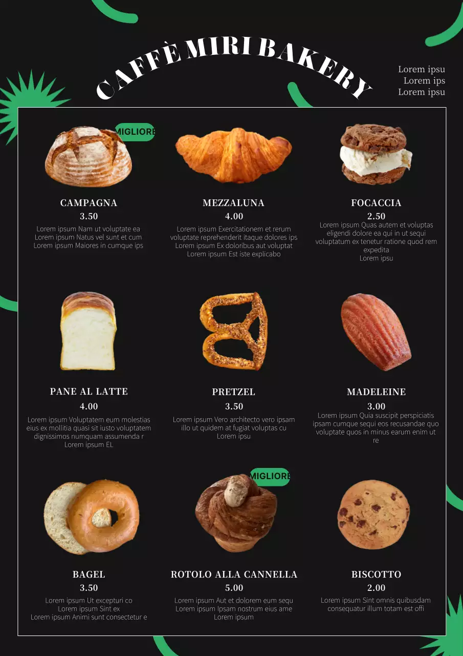 Locandina nera del menu di un caffè-pasticceria alla moda