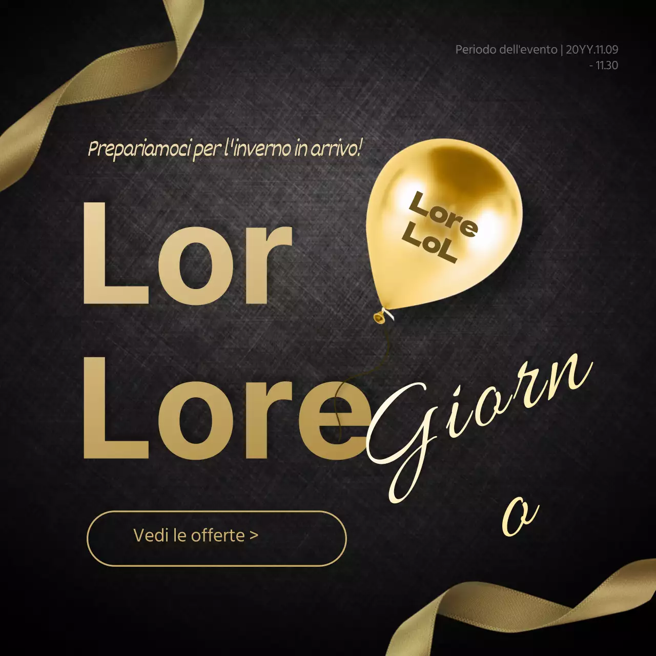 Sfondo scuro palloncino oro tipografia gradiente nastro evento