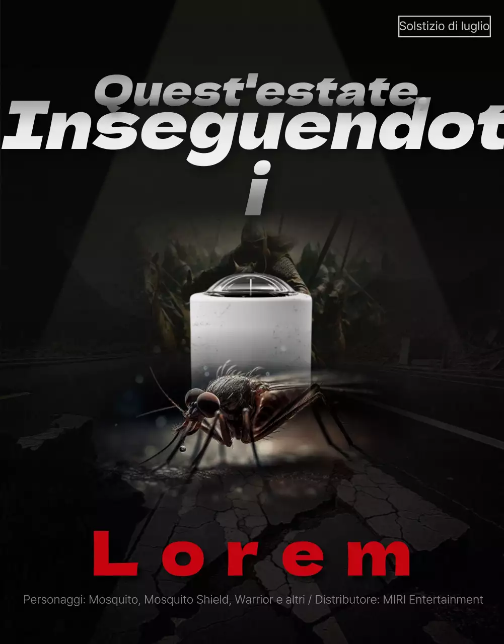 Promuovete un prodotto repellente per zanzare con una locandina nera e rossa di un film catastrofico.