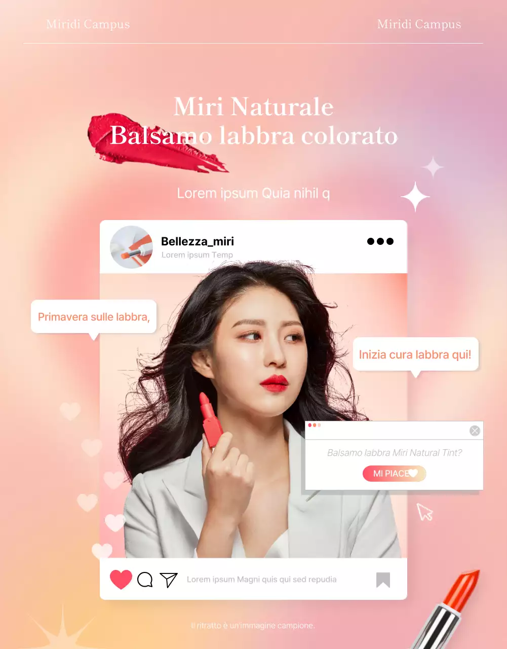 Pagina di lancio della bellezza che mette in evidenza i modelli di rossetto rosa e di concetto di Instagram