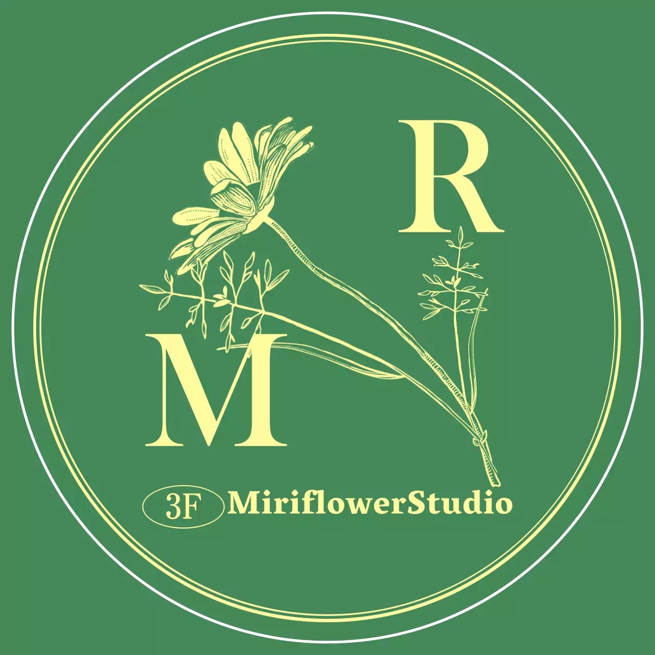 Illustrazione floreale sentimentale in verde e giallo chiaro per il logo di uno studio di progettazione.