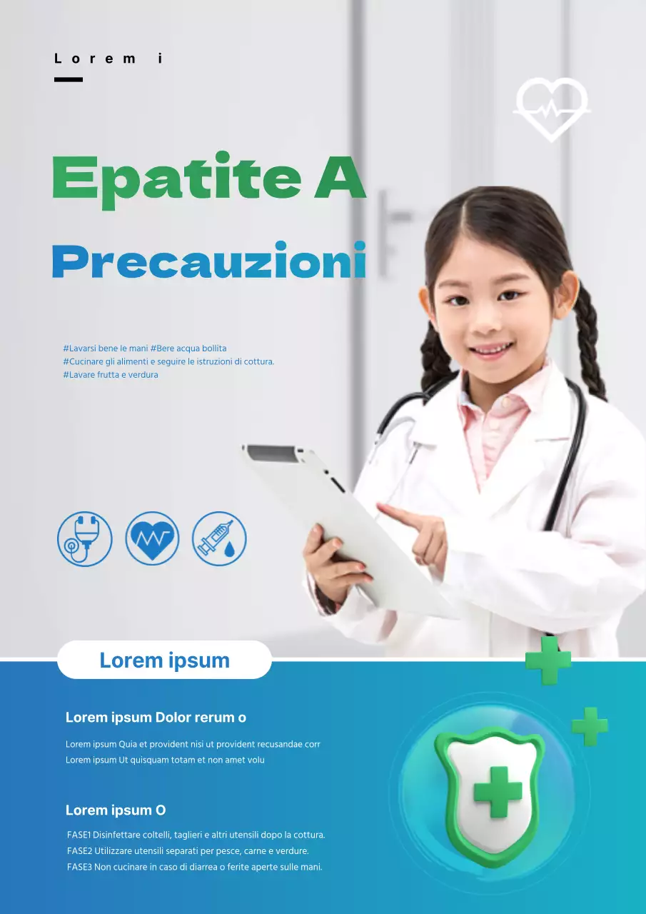 Un elegante volantino per la campagna di prevenzione dell'epatite A, di colore azzurro e grigio, per una campagna elegante.